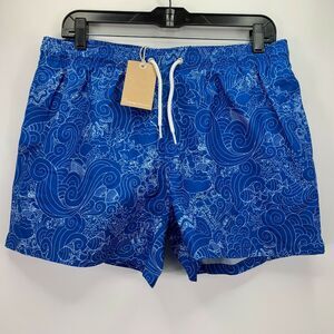 Knowledge Cotton Mens Fish Print Drawstring Swim Trunks Blue L